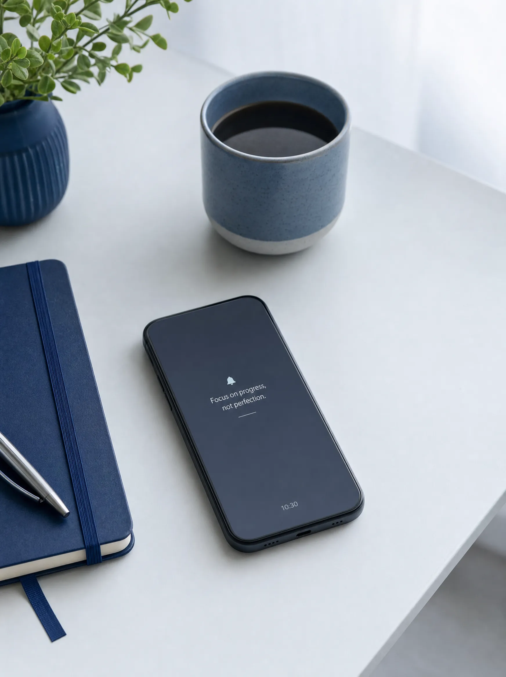 A quiet office desk with a phone, notebook, and a cup of coffee