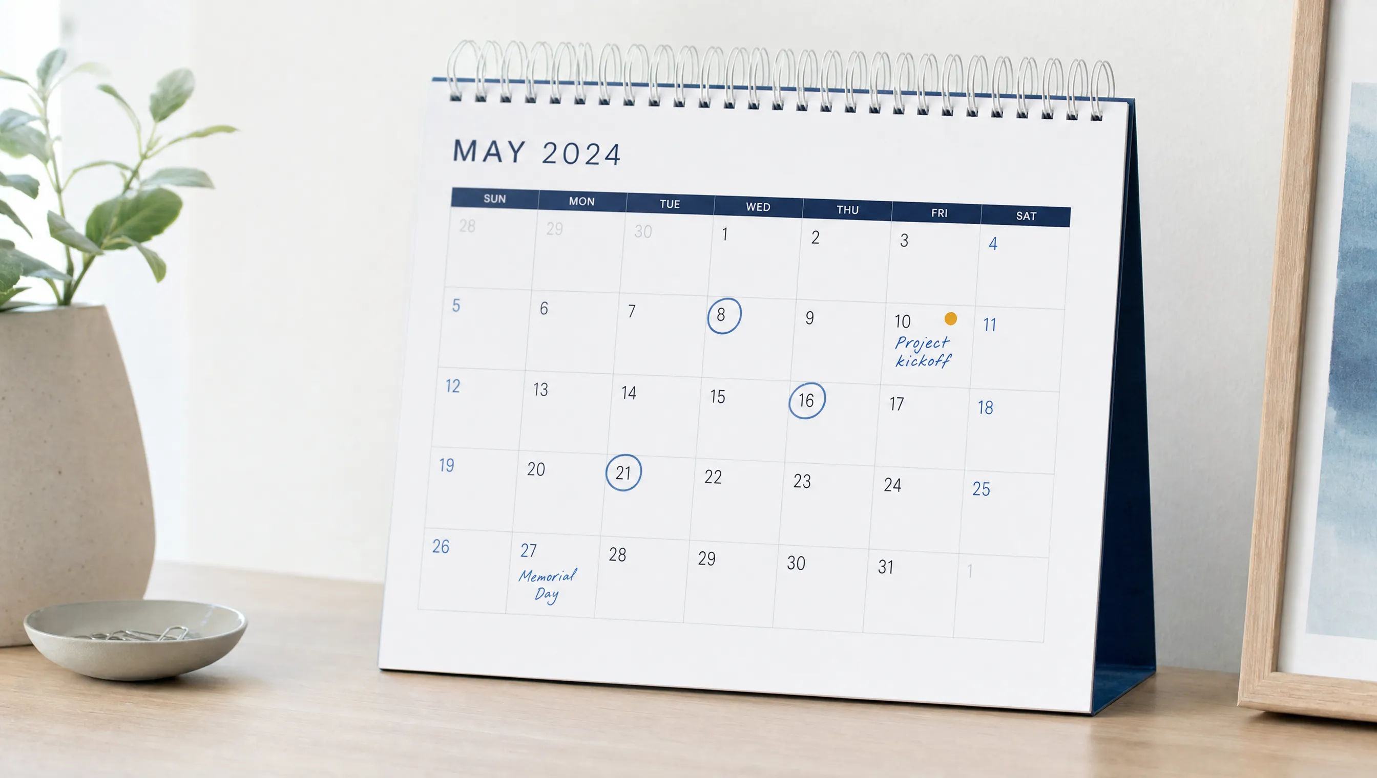 A desk calendar with several dates circled