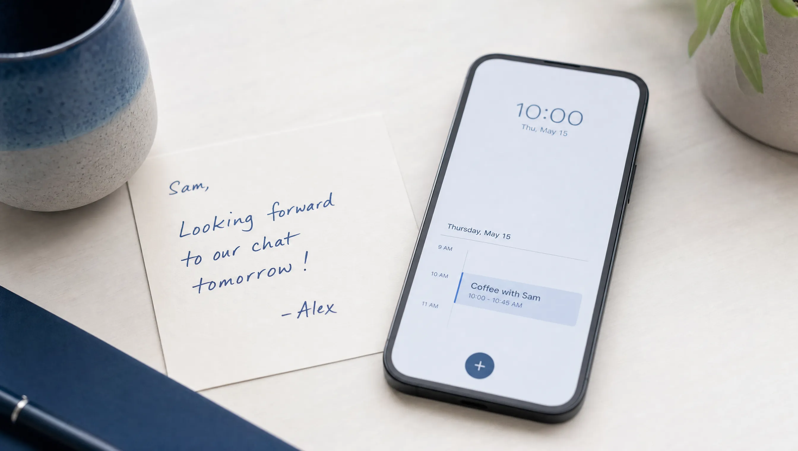 A handwritten note beside a phone showing a personalized calendar entry