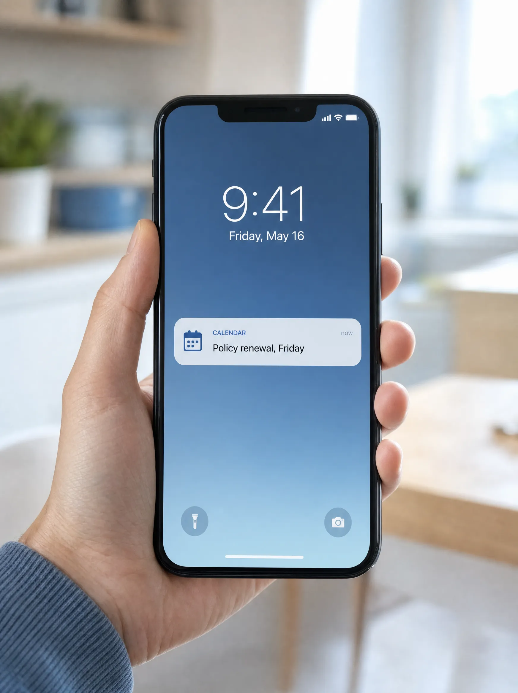 A hand holding a phone, a calendar reminder showing on the lock screen