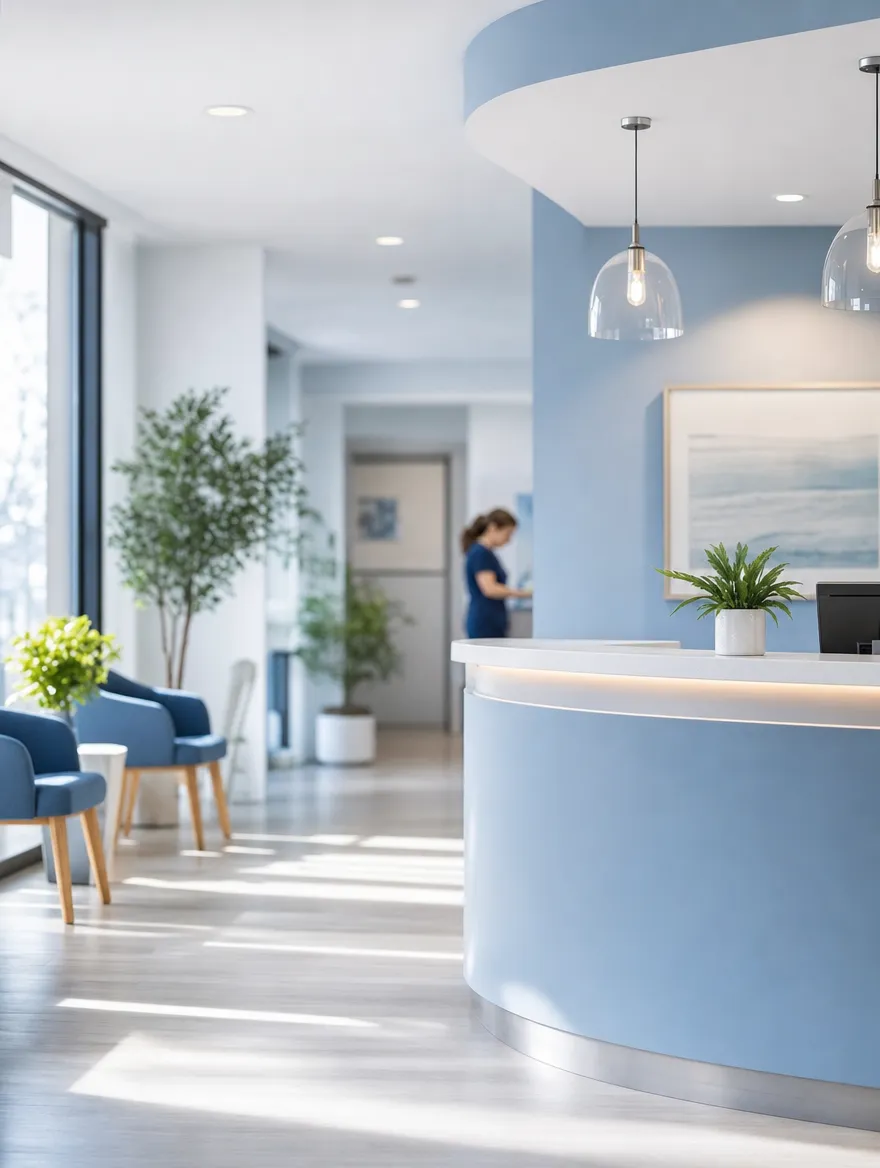 A bright clinic reception with a soft morning light
