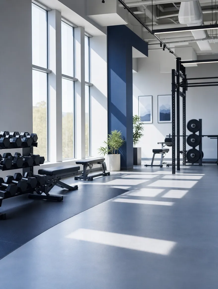 An empty gym floor lit by morning sun through tall windows