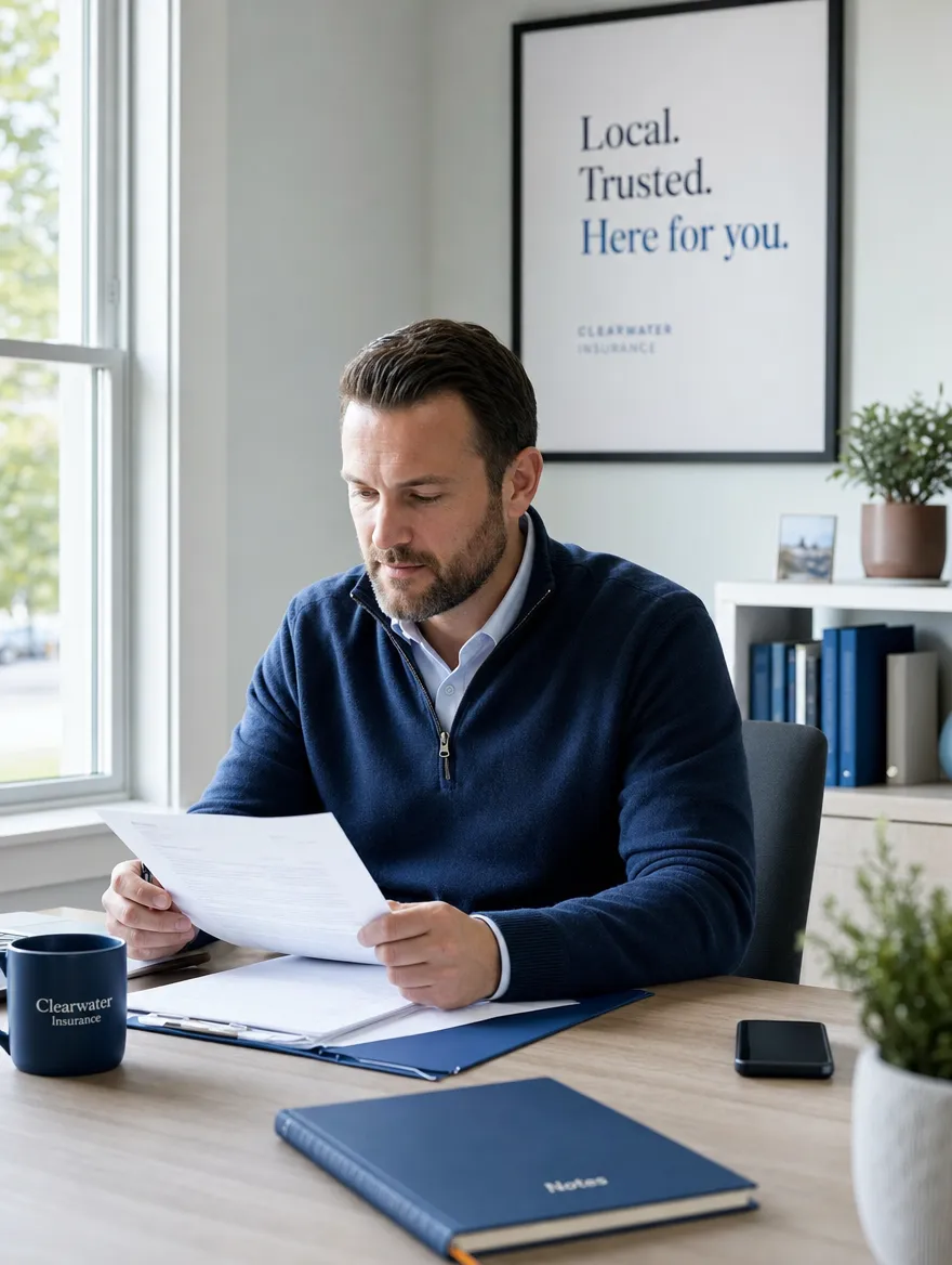 A broker at a small office reviewing paperwork