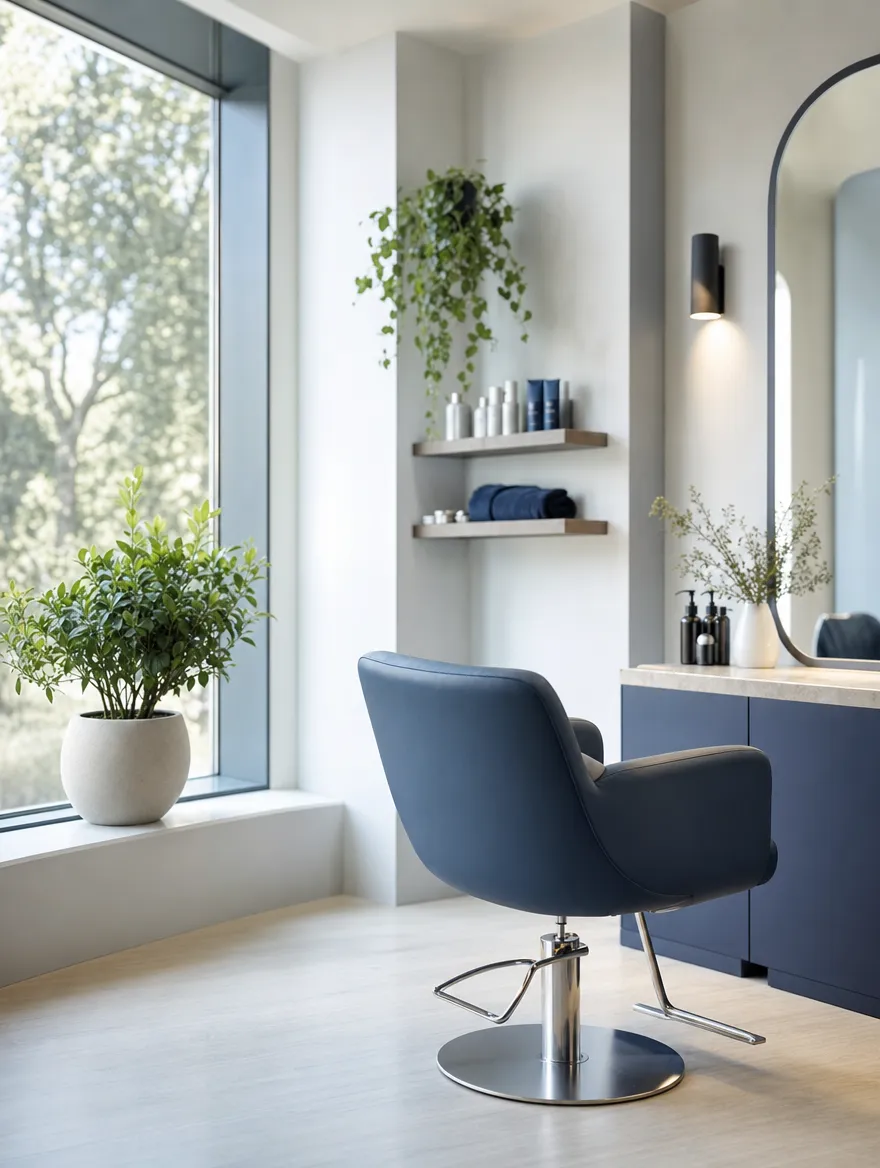 A salon chair beside a window with plants