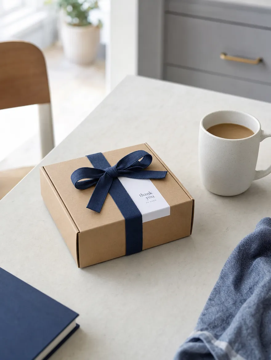 A small parcel and a coffee on a kitchen table