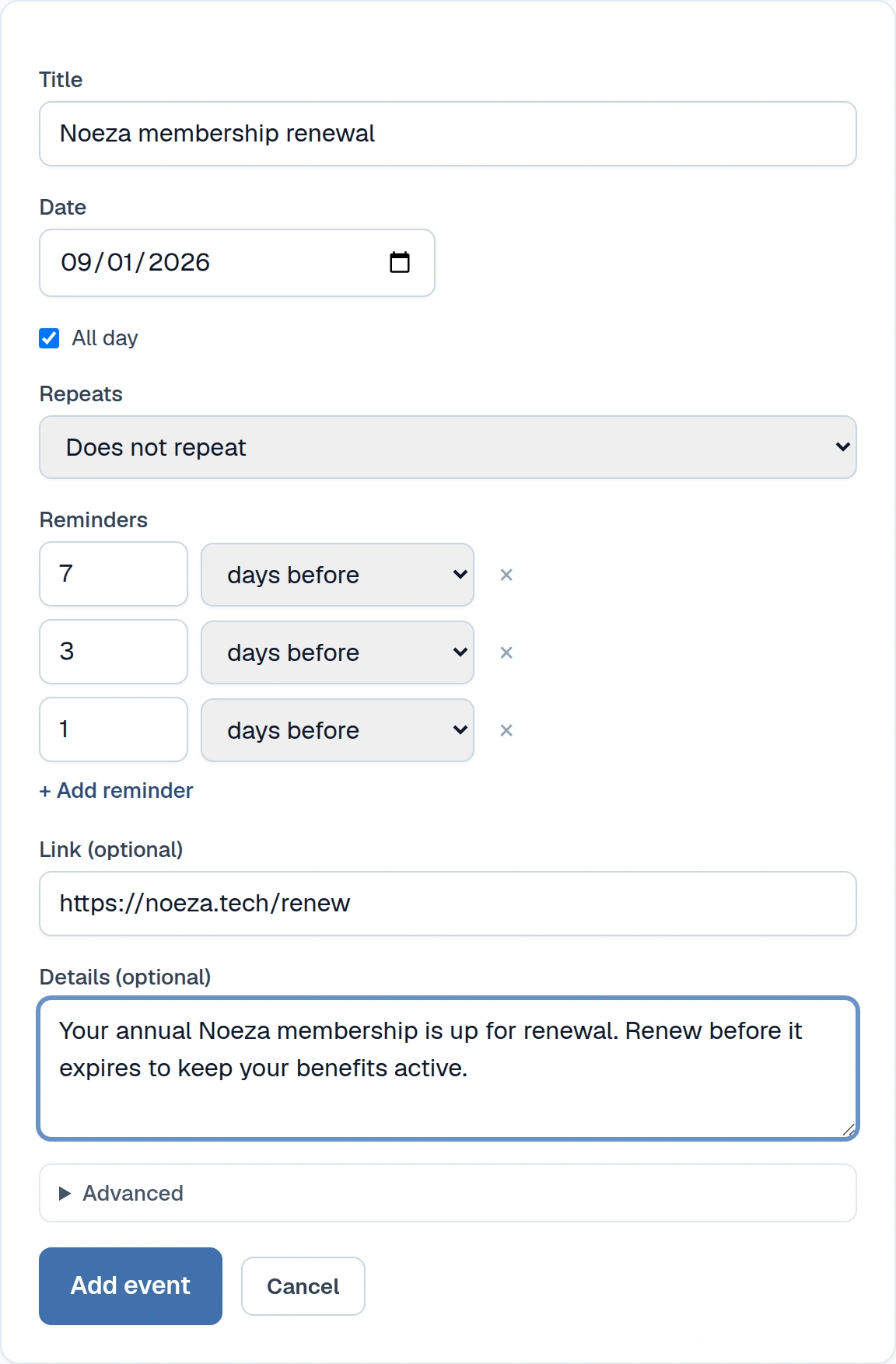 Adding an event in the Noeza dashboard, with the reminder timing set