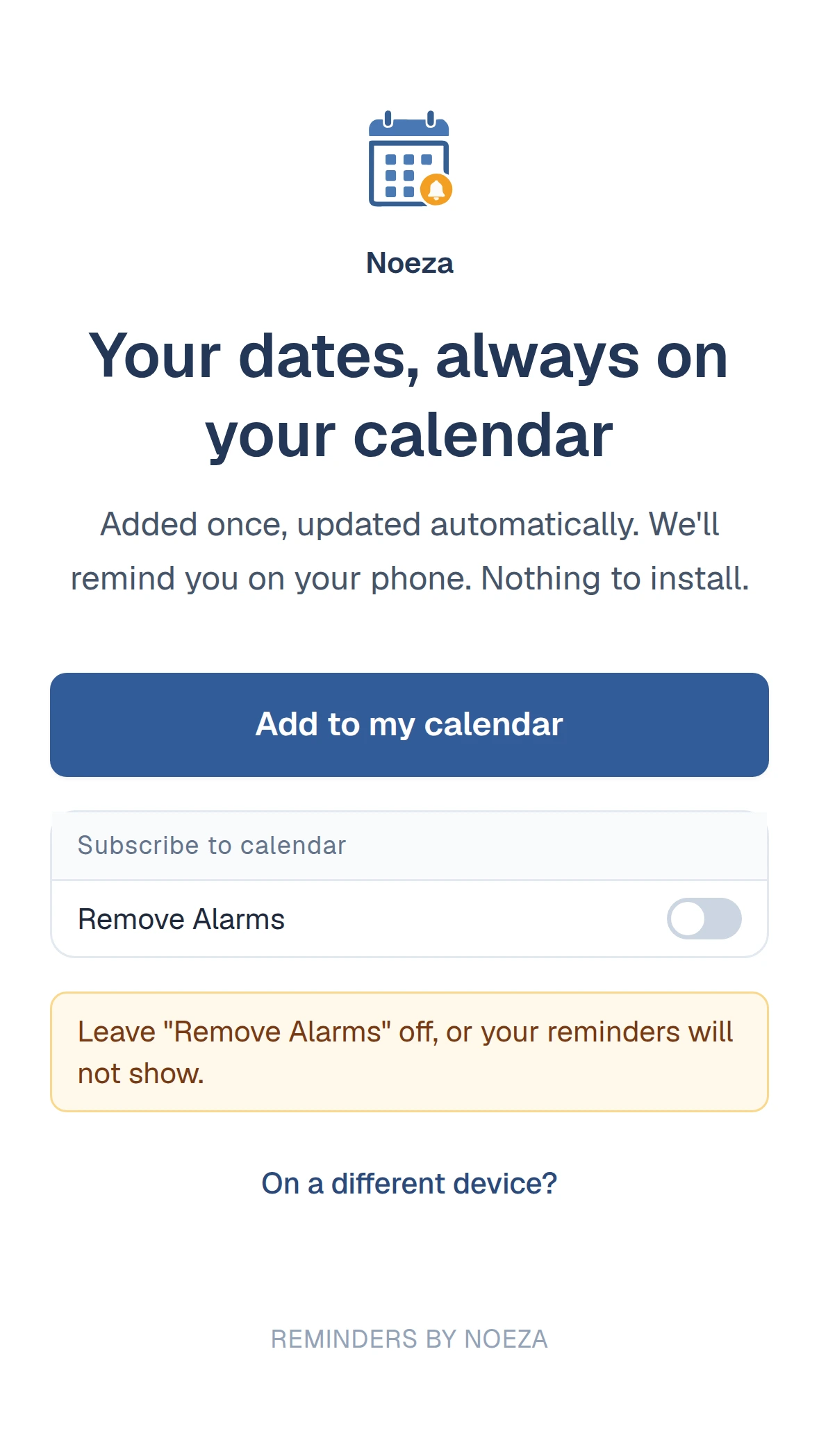 The branded subscribe page, with a one tap button to add the calendar